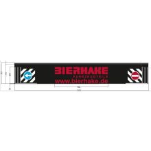 Einteilige Heckschürze mit Verkehrsschildern und Bierhake-Logo
