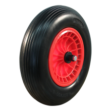 Novio Pu-Reifen + Rad 4.00X8 Linienprofil + 2.50Ax8 Rollenlager Ø20 Nl75 Kunststoff, Rot, Schubkarrenachse 125Mm