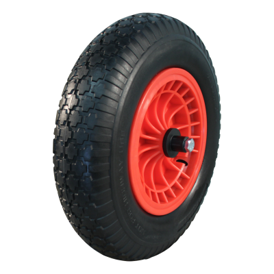 Novio PU-Reifen + Rad 4.00X8 Blockprofil + 2.50Ax8 Rollenlager Ø20 Nl75 Kunststoff Rot, Schubkarrenachse 125Mm