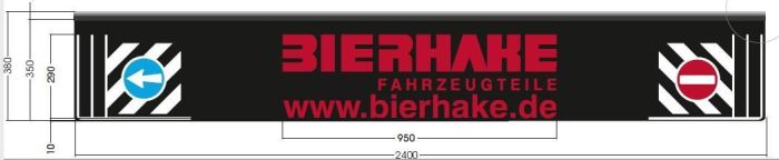Einteilige Heckschürze mit Verkehrsschildern und Bierhake-Logo