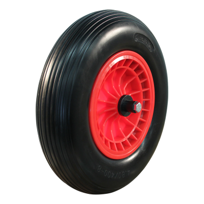 Novio Pu-Reifen + Rad 4.00X8 Linienprofil + 2.50Ax8 Rollenlager Ø20 Nl75 Kunststoff, Rot, Schubkarrenachse 125Mm