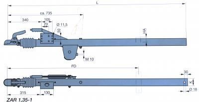 Rohrauflaufbremse. Vkt. ZAR 1.35-1    L3000 mm. 700-1350 kg